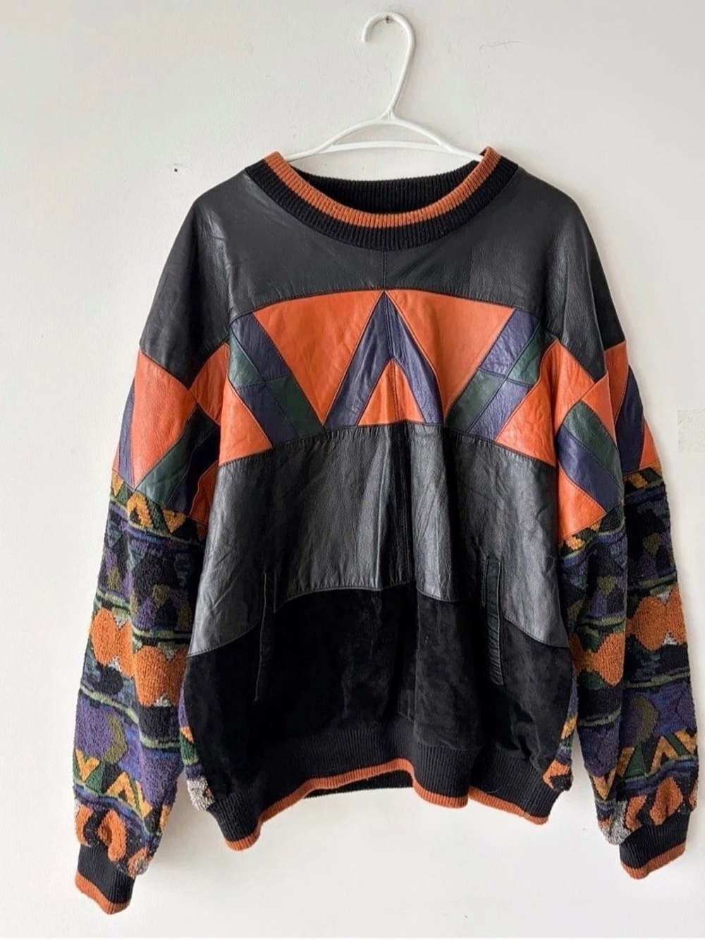Vintage Saxony Men's Knit Leather Crewneck Sweater Size XL